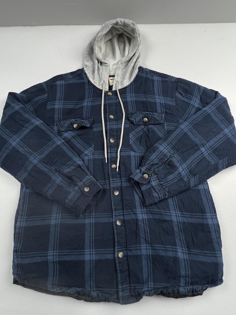 Wrangler Jacket Mens Large Blue Plaid Hooded Quilted Flannel Lined Outdoor